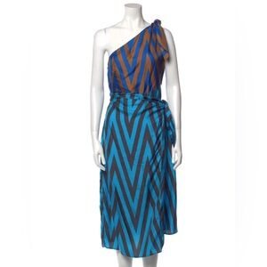 Diane Von Furstenberg Blue and Brown Chevron One-Shoulder Dress